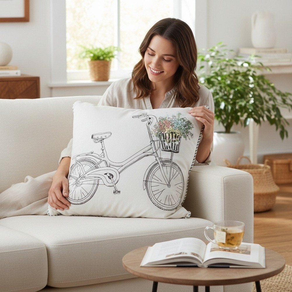 Sheffield Home Throw Pillow Unisex 20x20 White New Floral Bicycle Striped Accent